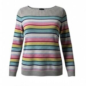 Talbots Petites Rainbow Stripe Sweater Womens M Pet Gray Boatneck Cashmere Blend